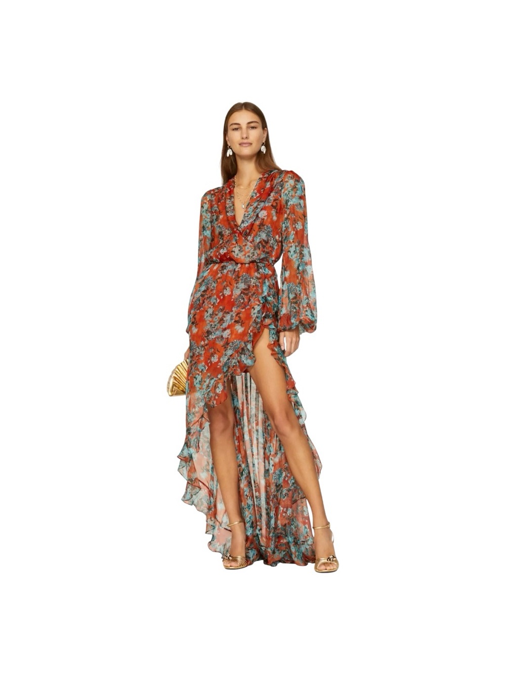 Caroline Constas Silk Rust Summer Floral Ruffle Hemline Sleeveless Vivian Gown M